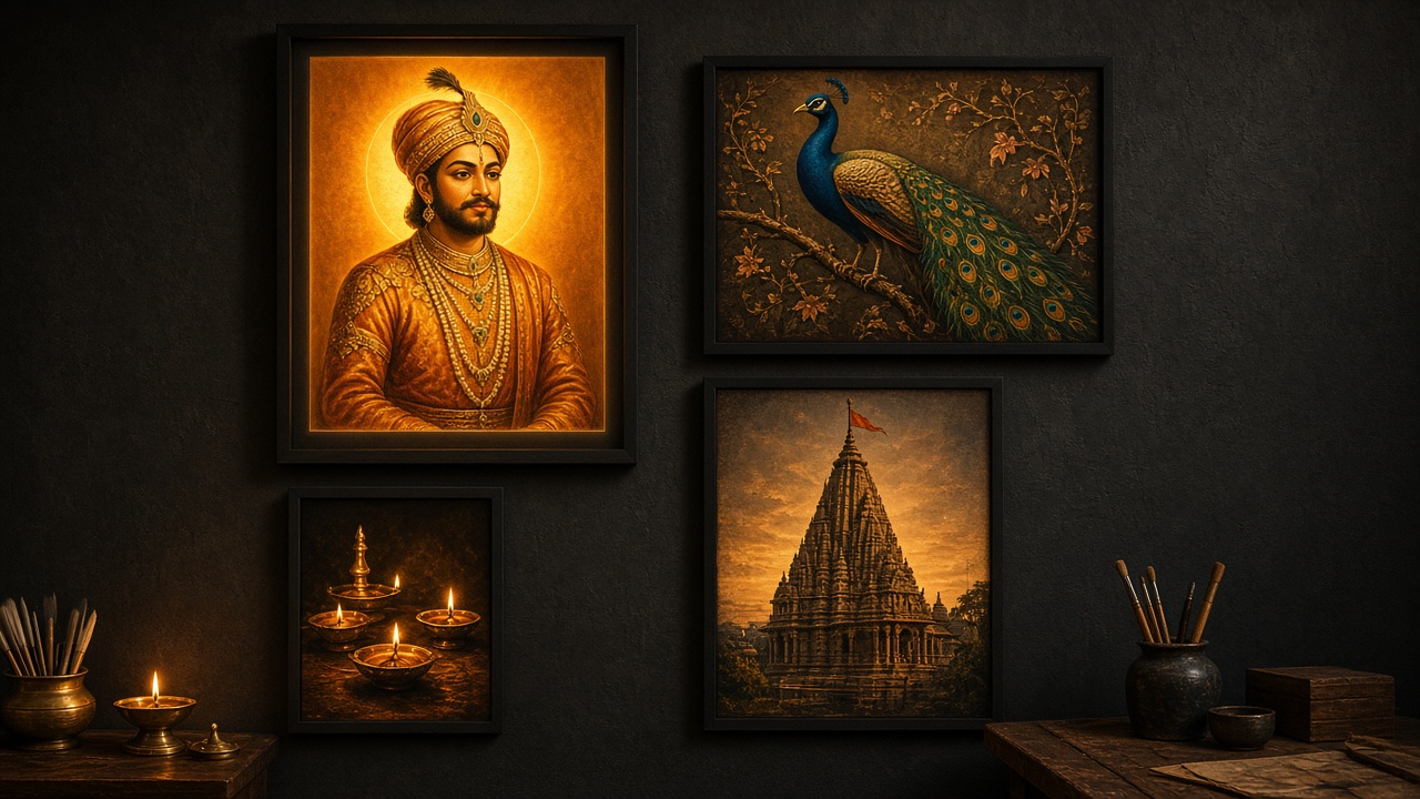 Traditional Indian wall art prints in a Rajkot studio — heritage portrait, peacock, temple and diyas